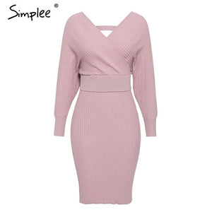 Simplee Sexy v-neck women knitted skirt suits Autumn winter batwing sleeve 2 pieces Elegant party female sweater pink dress