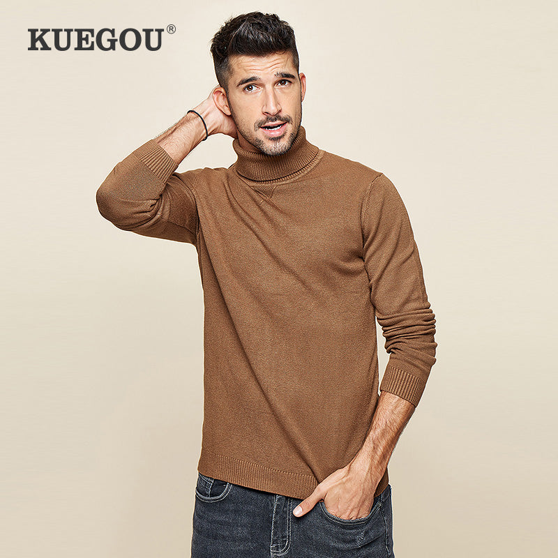 KUEGOU 2020 Spring Plain Black Turtleneck Sweater Men Pullover Casual Jumper For Male Brand Knitted Korean Style Clothes 89002