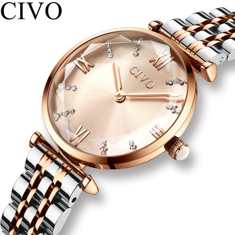 CIVO Luxury Crystal Watch Women Waterproof Rose Gold Steel Strap Ladies Wrist Watches Top Brand Bracelet Clock Relogio Feminino