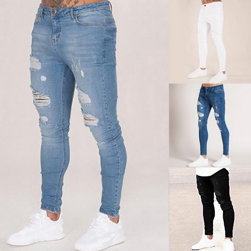 Oeak calças de brim dos homens cor sólida 2019 nova moda magro lápis calças sexy casual buraco rasgado design streetwear