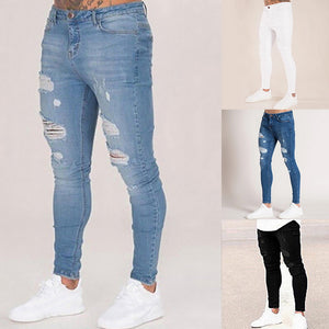 Oeak calças de brim dos homens cor sólida 2019 nova moda magro lápis calças sexy casual buraco rasgado design streetwear