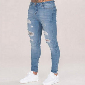 Oeak calças de brim dos homens cor sólida 2019 nova moda magro lápis calças sexy casual buraco rasgado design streetwear