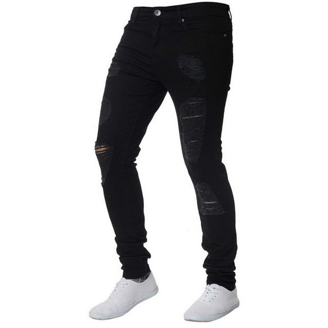 Oeak calças de brim dos homens cor sólida 2019 nova moda magro lápis calças sexy casual buraco rasgado design streetwear