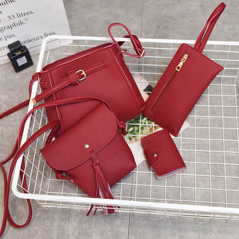 ABZC-4pcs/set Women Four Set Fashion Handbag Shoulder Bag Tote Bag Crossbody Wallt(Red)