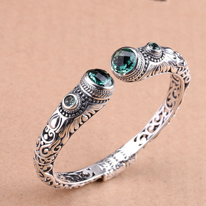 Hot Sale National Style Green Crystal Bracelet  Real Silver Bangle S925 Pure Silver Bracelet Classic Silver Beautiful Bracelets