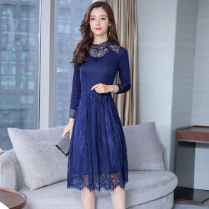 Spring Women's Clothing New Black Lace Dress Female Long Slim Dresses For Women Knitted Dress robe femme Plus Size YQ027