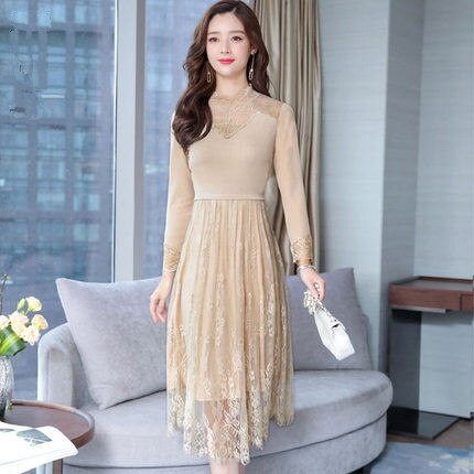 Spring Women's Clothing New Black Lace Dress Female Long Slim Dresses For Women Knitted Dress robe femme Plus Size YQ027