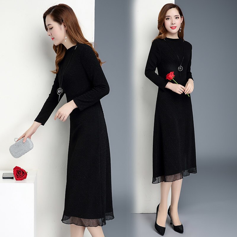 Spring Autumn Dress for Women Vintage Korean Mesh Dress 2020 Plus Size Black Maxi Dress Elegant Dresses Clothes Vestidos MY2318