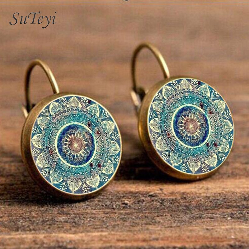 SUTEYI Charm Mandala Art Picture Earrings Henna Crystal Earring Yoga Om Symbol Zen Buddhism Glass Earrings For Women Jewellery