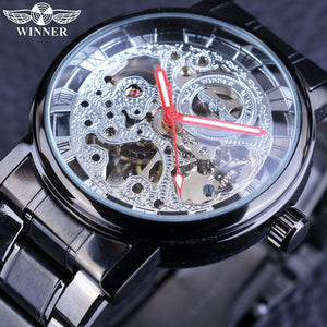 Winner Transparent Steampunk Montre Homme Black Retro Casual Mens Watches Top Brand Luxury Full Steel Skeleton Mechanical Watch