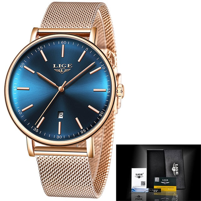 LIGE Women Watches Top Brand Luxury Ladies Mesh Belt Ultra-thin Watch Stainless Steel Waterproof Clock Quartz Watch Reloj Mujer