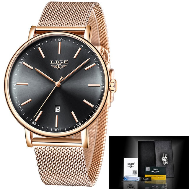 LIGE Women Watches Top Brand Luxury Ladies Mesh Belt Ultra-thin Watch Stainless Steel Waterproof Clock Quartz Watch Reloj Mujer