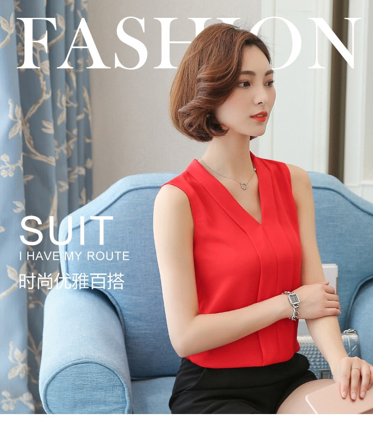 J61182 Sarah Fashion Summer One Size Chiffon Shirt V Neck Solid Color Sleevess Office Lady Work Casual Shirts
