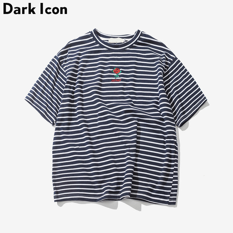 Dark Icon Rose Embroidery Striped Mens T-shirt Short Sleeve 2019 Summer Hi-street Oversized Hip Hop Tshirt Cotton Tee Shirts