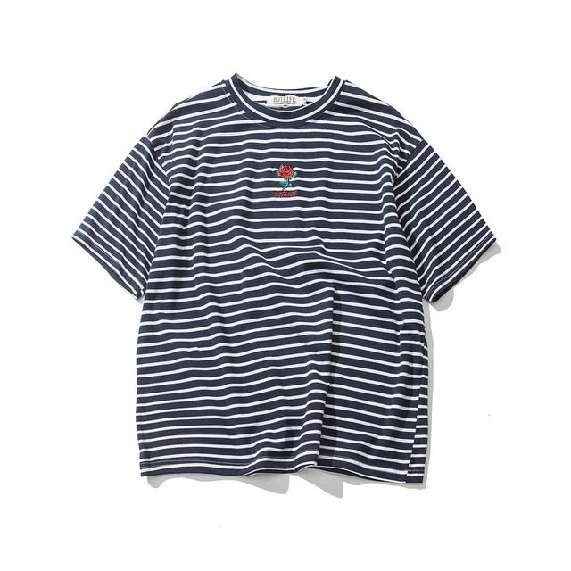 Dark Icon Rose Embroidery Striped Mens T-shirt Short Sleeve 2019 Summer Hi-street Oversized Hip Hop Tshirt Cotton Tee Shirts