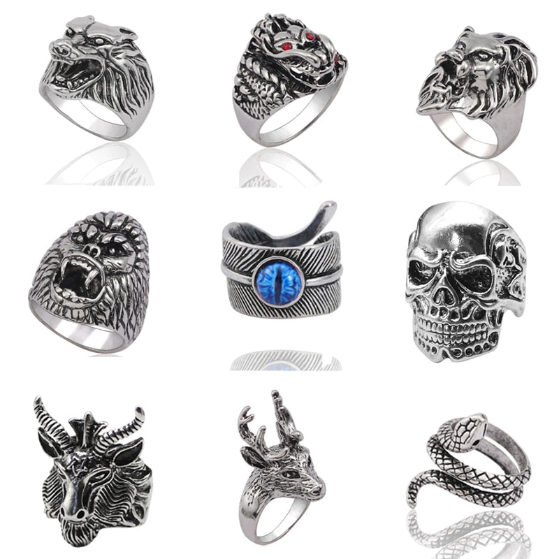 Gothic Punk Ring Men Retro Dragon Rabbit Snake Tiger Wolf Rings Skeleton Devil Evil Eye Pentagram Animal Male Ring Jewelry Anel