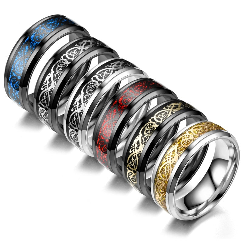 Men Ring Jewelry Red Blue Black Dragon Inlay Comfort Fit Stainless Steel Rings for Men Wedding Ring Wide 8mm