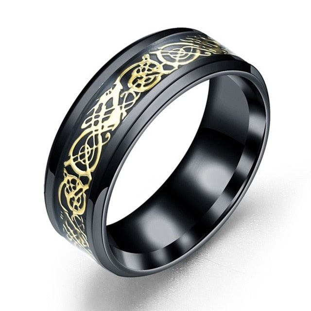 Men Ring Jewelry Red Blue Black Dragon Inlay Comfort Fit Stainless Steel Rings for Men Wedding Ring Wide 8mm