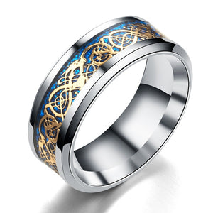 Men Ring Jewelry Red Blue Black Dragon Inlay Comfort Fit Stainless Steel Rings for Men Wedding Ring Wide 8mm