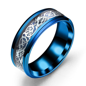 Men Ring Jewelry Red Blue Black Dragon Inlay Comfort Fit Stainless Steel Rings for Men Wedding Ring Wide 8mm